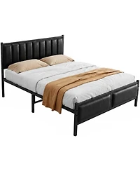 homfan Full Size Upholstered Platform Bed Frame with Pu Leather Headboard, No Box Spring