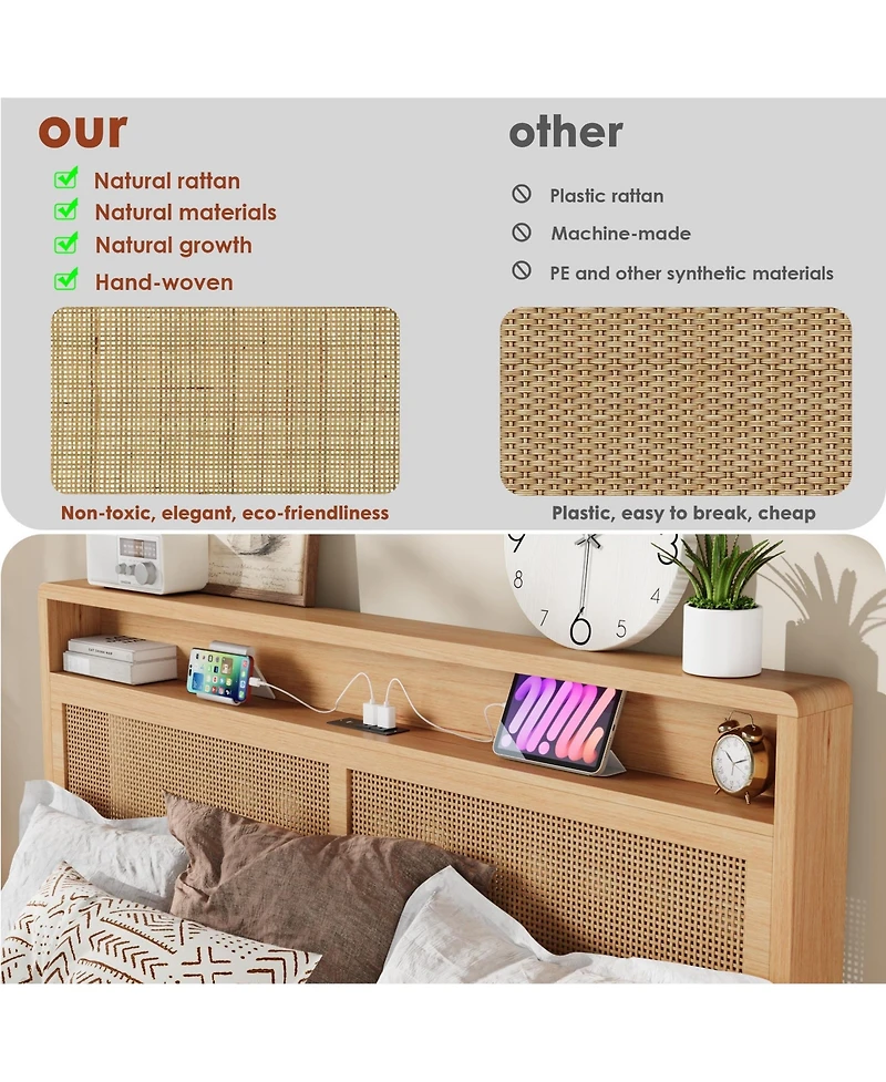 homfan Wooden Rattan Bed Frame Bohemian with Storage and Led Lights | Cane Headboard Charging Station, Slats, Noise-free