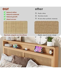 homfan Wooden Rattan Bed Frame Bohemian with Storage and Led Lights | Cane Headboard Charging Station, Slats, Noise-free