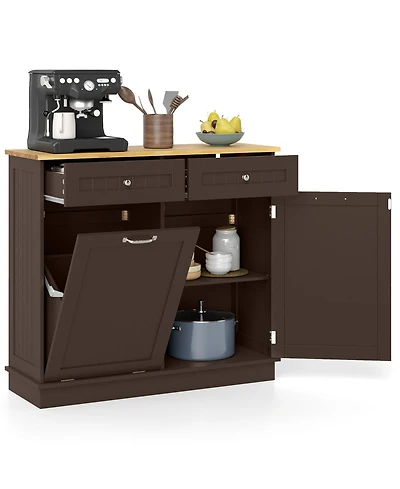 Wooden Kitchen Trash Cabinet Tilt Out Bin Holder with Drawer & Storage Shelf