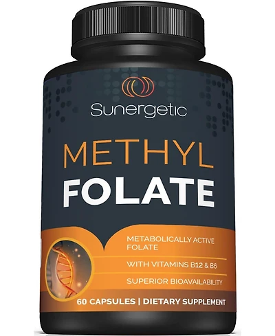 Sunergetic Methyl Folate Supplement with Vitamin B12 and Vitamin B6, 400 mcg Methyl Folate, 60 Capsules