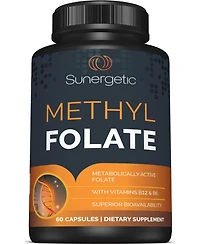 Sunergetic Methyl Folate Supplement with Vitamin B12 and Vitamin B6, 400 mcg Methyl Folate, 60 Capsules