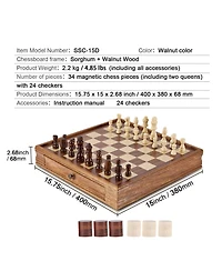 Sugift 15-Inch 2-in-1 Solid Wood Chess Checkers Board Game, Ages 6+