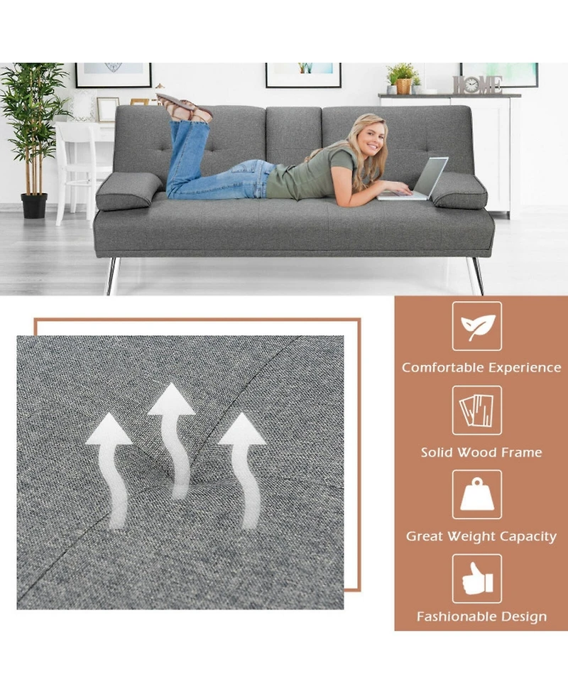 Gouun Convertible 66 Inch Futon Sofa Bed Linen Fabric with 2 Cup Holders