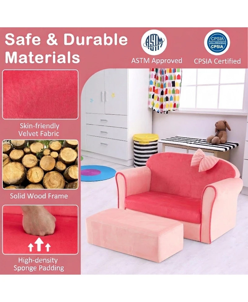 Gouun Ultra Soft Velvet Toddler Loveseat Couch with Matching Footrest Ottoman