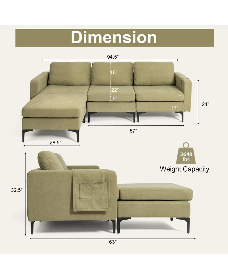 Gouun Modular 94 Inch L-Shape Sectional Sofa Reversible Chaise with Usb Ports