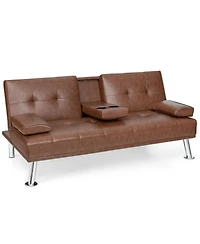 Gouun Convertible 66 Inch Faux Leather Futon Sofa with Cup Holders and Armrests