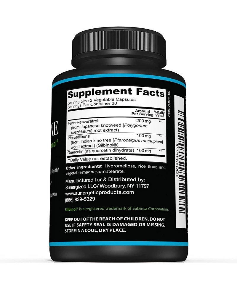 Sunergetic Pterostilbene Supplement with Resveratrol and Quercetin, 60 Capsules