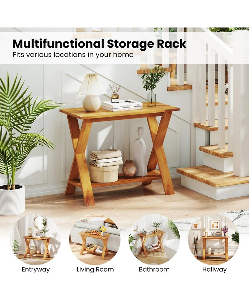 Sugift 35.5in Solid Teak Wood Console Table with Storage Shelf