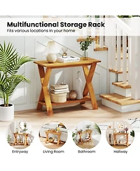 Sugift 35.5in Solid Teak Wood Console Table with Storage Shelf