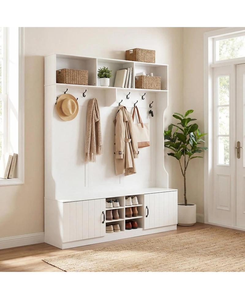 Sugift 59in Wide 6-in-1 Hall Tree With Bench and Storage