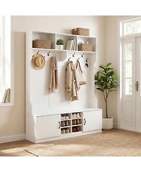 Sugift 59in Wide 6-in-1 Hall Tree With Bench and Storage
