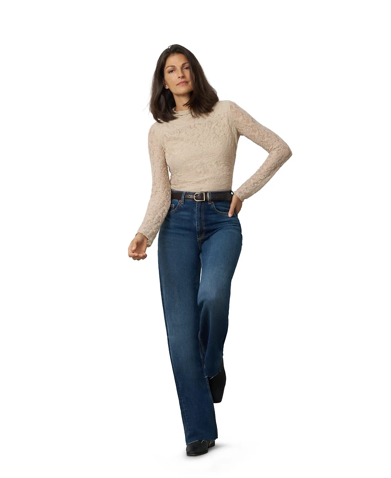 Cable & Gauge Women's Lace Knit Funnel Neck Shirred Top
