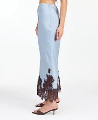 Kittenish Women's High-Waisted Crepe Satin Maxi Skirt with Lace Trim