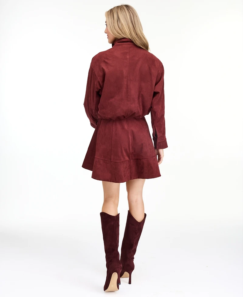 Kittenish Women's Porter Faux-Suede Bomber Funnel Neck Jacket