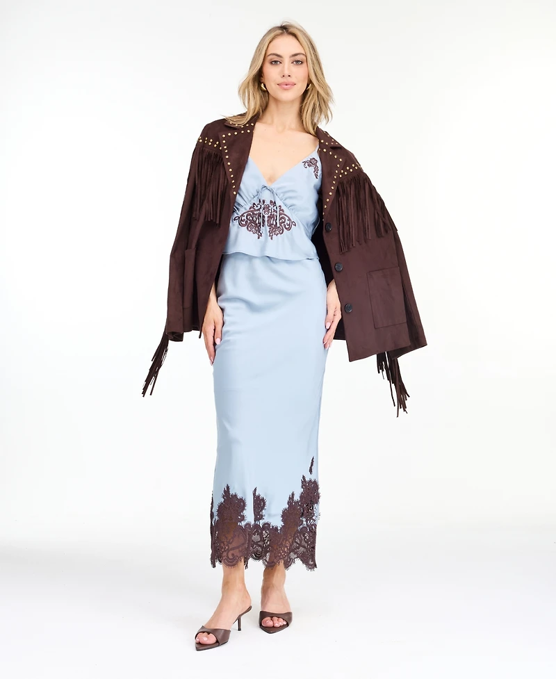 Kittenish Women's Montana Faux-Suede Studded Fringe Jacket