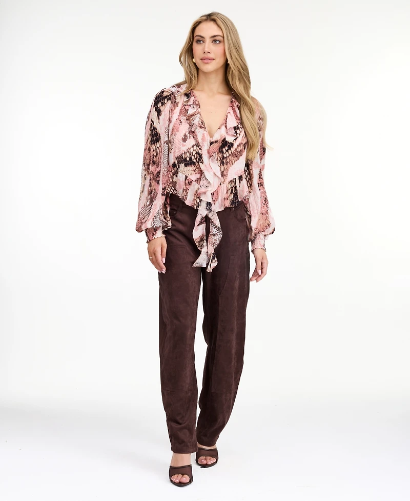 Kittenish Women's Audrey Yoryu Long-Sleeve Ruffle Snake-Print Blouse