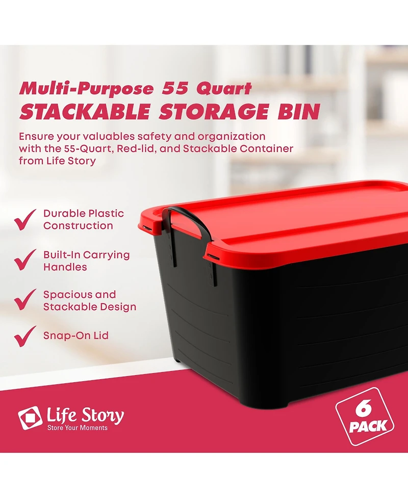 Life Story 55 Quart Stackable Storage Bin, Heavy Duty Lidded Container, 6 Pack