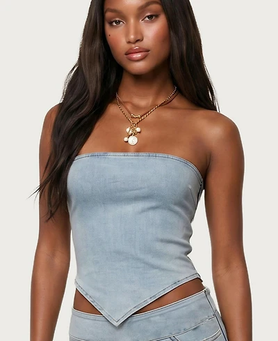 Edikted Women's Zaida Asymmetric Denim Strapless Top