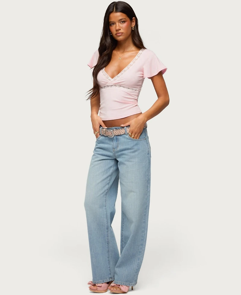 Edikted Women's Yvetta Lacey V-Neck Lace Flutter-Sleeve Blouse