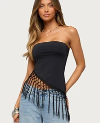 Edikted Womens Sarika Asymmetric Fringe Strapless Top