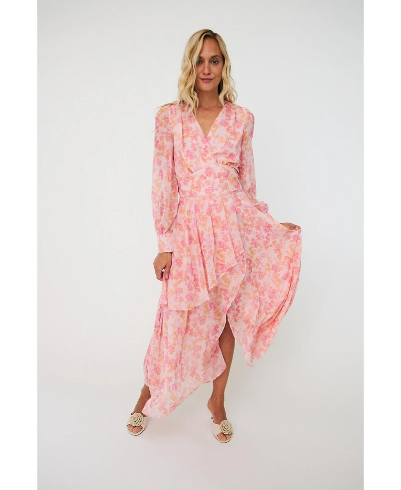 Cras Women's Romance V-Neck Long-Sleeve Floral-Print Maxi Dress