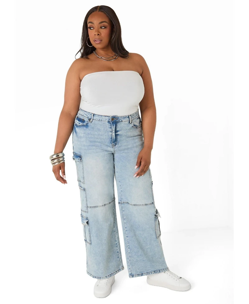 Ashley Stewart Plus Cargo Acid Wash High-Waisted Jeans