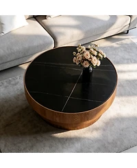 Clihome 31.5" Round Coffee Table with Sintered Stone Top - Mdf Wood Veneer Tiered Base, Modern Low Profile for Living