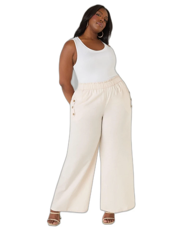 Ashley Stewart Women's Wide-Leg Pull-On Button-Detailed Cotton-Blend Pants