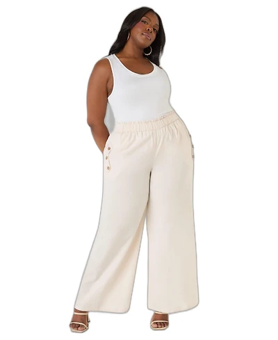 Ashley Stewart Women's Wide-Leg Pull-On Button-Detailed Cotton-Blend Pants