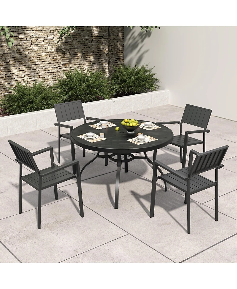Clihome 5 Piece Round Patio Dining Set, 47in Wood Grain Table and Stackable Metal Arm Chairs