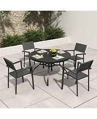 Clihome 5 Piece Round Patio Dining Set, 47in Wood Grain Table and Stackable Metal Arm Chairs