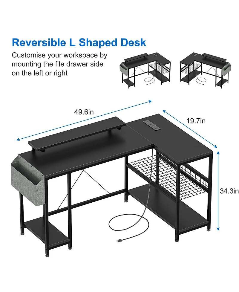 homfan 49" L Shaped Computer Desk with Power Outlet and Led Lights,Reversible Corner Writing Table,Storage Shelves, Monitor Stand