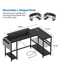 homfan 49" L Shaped Computer Desk with Power Outlet and Led Lights,Reversible Corner Writing Table,Storage Shelves, Monitor Stand