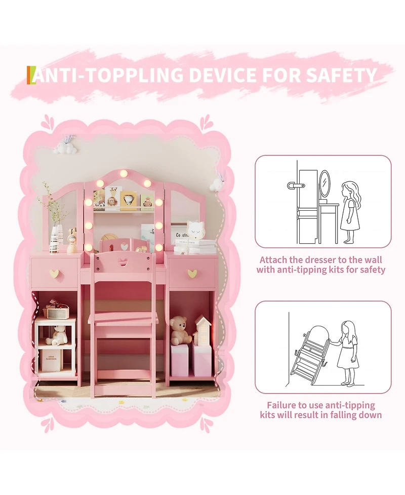 gaomon Kids Princess Vanity Table and Chair Set, Makeup Dressing with Mirror Lights, Toddler Pretend Play Beauty Toy for Girls