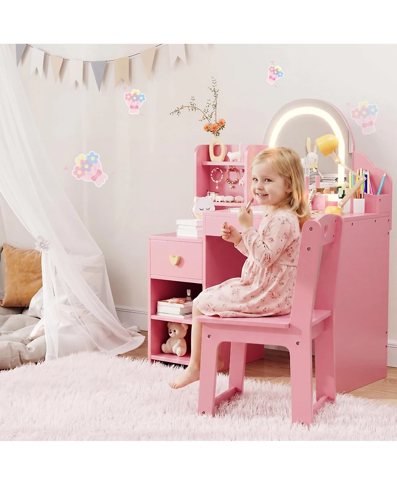 gaomon Kids Vanity Table and Chair Set, Set with Open Shelves, Hook, Drawer, Double Layered Cabinet, Pen Holder