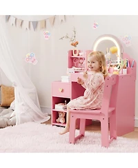 gaomon Kids Vanity Table and Chair Set, Set with Open Shelves, Hook, Drawer, Double Layered Cabinet, Pen Holder