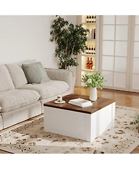 gaomon Farmhouse Square Coffee Table-Turn over-Top Hidden Storage Compartment, Gas Struts, Drawers, Easy-Clean Walnut Wood Grain