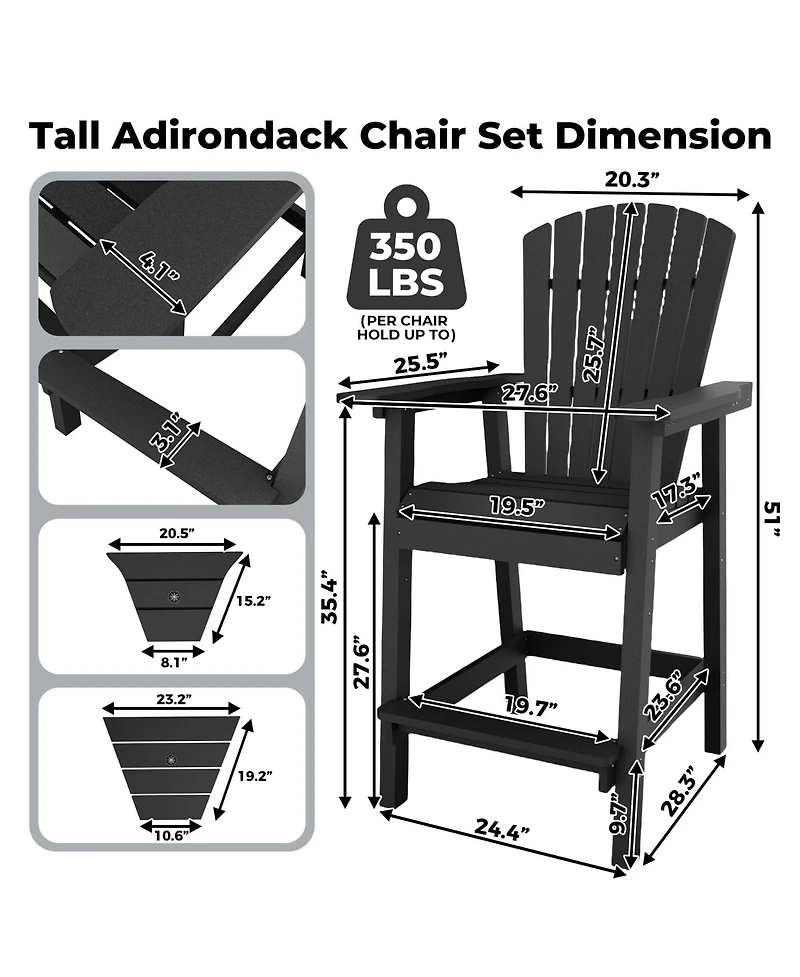 homfan Set of 2 Adirondack Bar Height Chairs with Connecting Tray and High Back, Weather-Resistant Hdpe Patio Barstools for Deck
