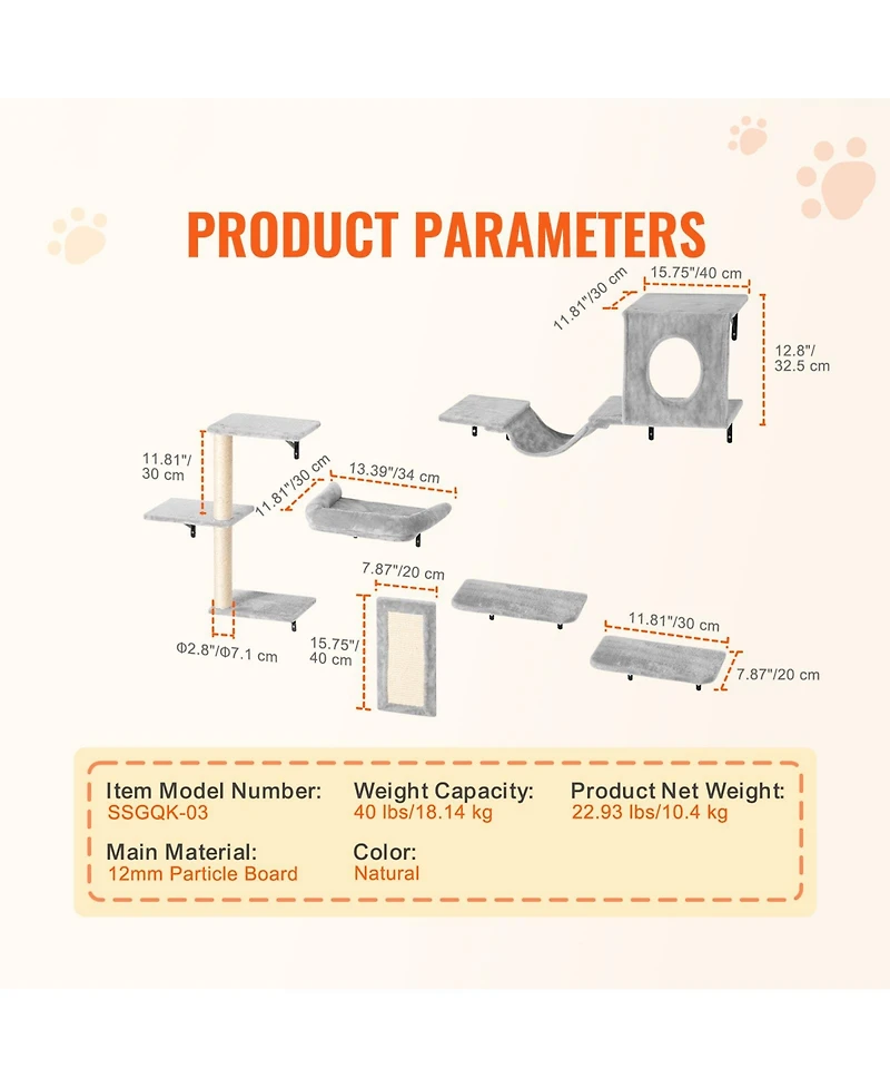 Sugift 6-Piece Wall Mounted Cat Shelves with 2 Jumping Boards Hammock Sofa Cat Tree Cat Grip Up to 40 lbs