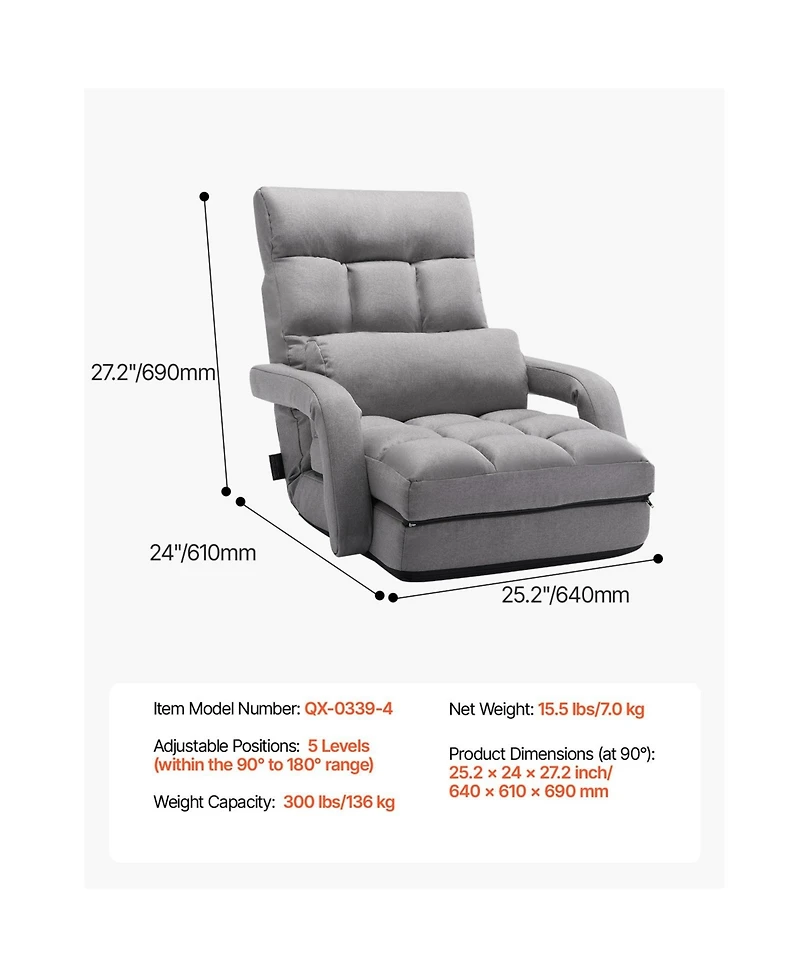 Sugift 2-in-1 Folding Floor Chair Bed with 5 Adjustable Positions Back Support Armrests for Adults