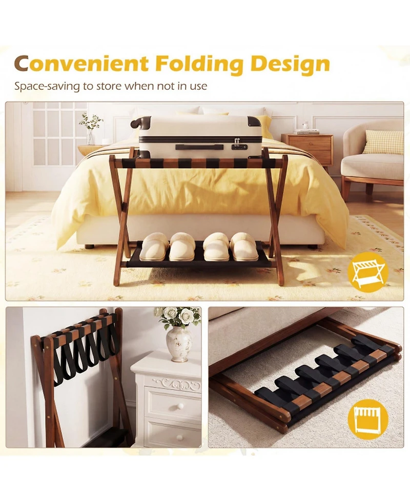 Sugift Solid Rubberwood Folding Luggage Rack with Nylon Shelves