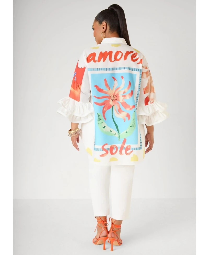 Ashley Stewart Plus Amore Long-Sleeve Ruffled Hi-Low Shirt