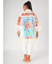 Ashley Stewart Plus Amore Long-Sleeve Ruffled Hi-Low Shirt