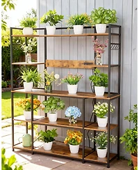 homfan 4-Tier Industrial Baker's Rack with Power Outlet, 6 Hooks and Wire Basket, Adjustable Feet