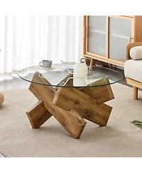 Flynama Modern Round Glass Coffee Table 33 Inch Tempered Top Wood Leg Living Room Table