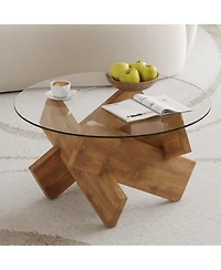 Flynama Modern Round Glass Coffee Table 33 Inch Tempered Top Wood Leg Living Room Table
