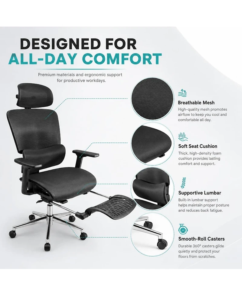 gaomon Fabric Ergonomic Office Chair with Footrest, Adjustable Height and Arms, Split Back, Manual Recline, Home Computer Chair for Adults