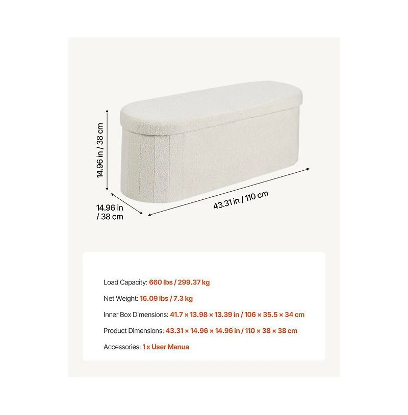 Slickblue Foldable Oval Storage Ottoman Bench with Large Hidden Storage, Upholstered Teddy Fleece