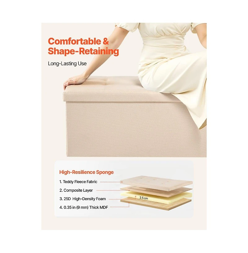 Slickblue Folding Storage Ottoman Bench with Large Hidden Storage, Linen End of Bed for Home